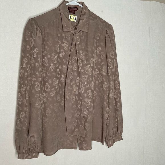 VTG Donaldsons Silky Blouse Womens sz 16 Taupe Paisley DeAttached Tie Mint Korea - Picture 1 of 9